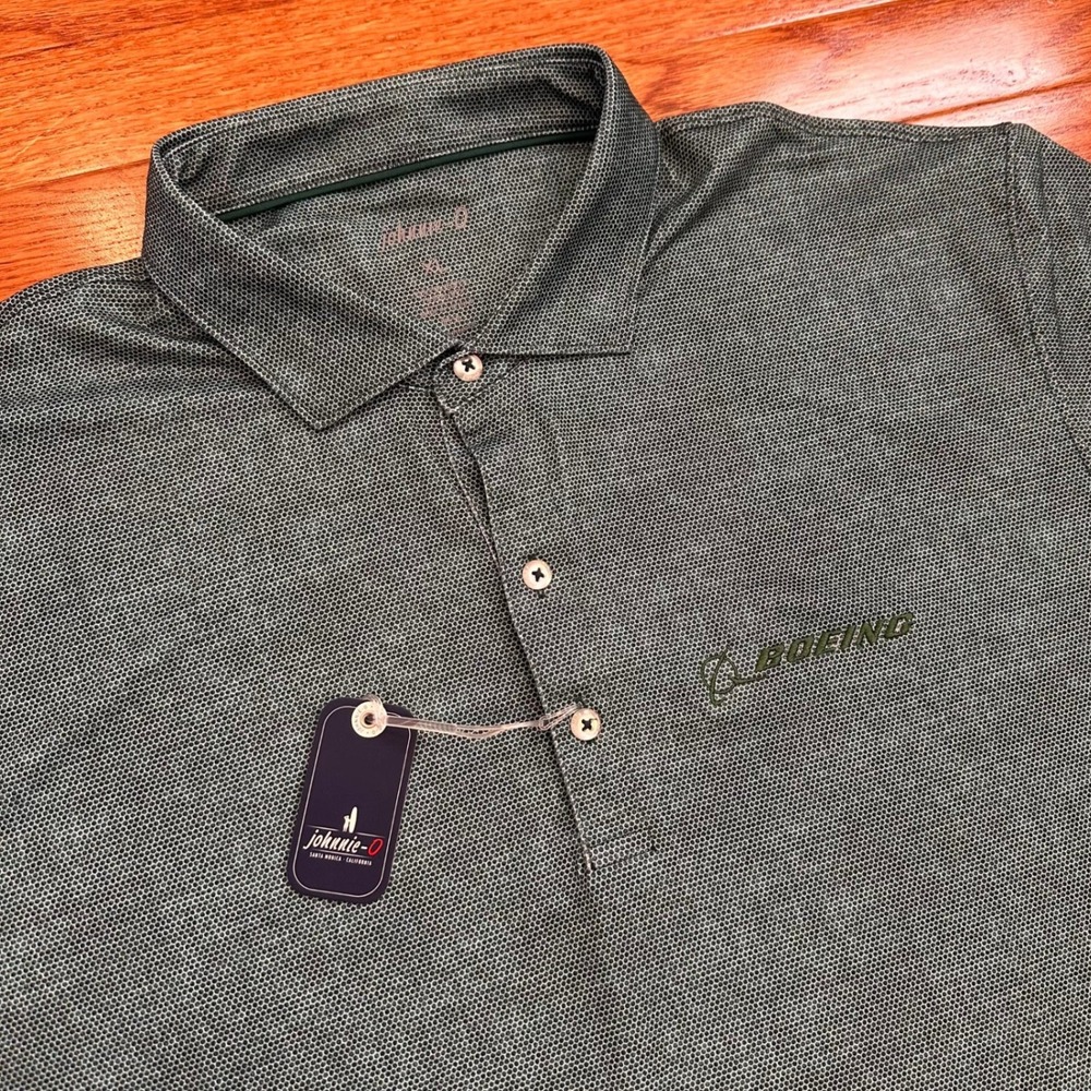 New Johnnie-O Performance Golf Polo Shirt Mens XL Boeing Logo Green AOP Print